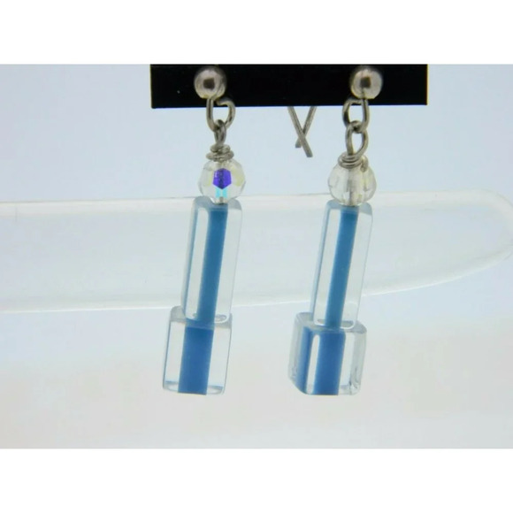 NOS Sterling Silver Australian AB Crystal Blue Art Glass Dangle Earrings - Picture 2 of 4